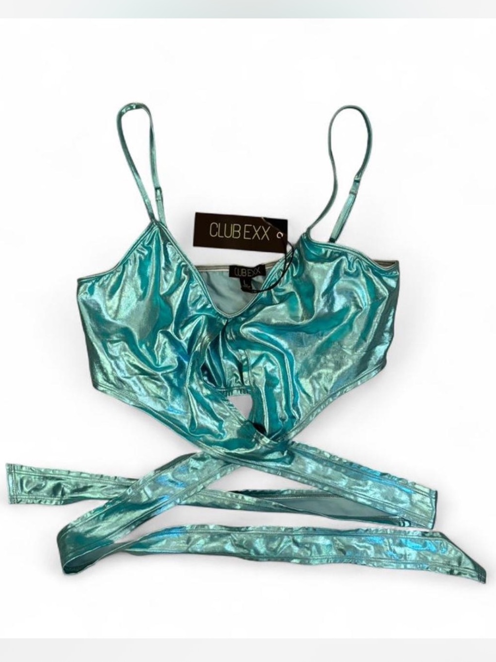 Club Exx blue metallic wrap around top NWT